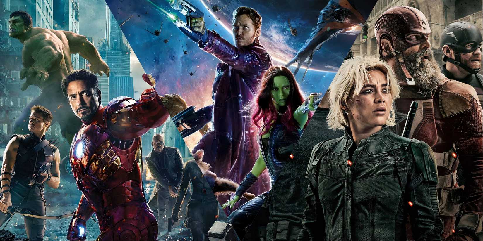Split image of the Avengers, Guardians Of The Galaxy, and Thunderbolts from the Marvel Cinematic Universe