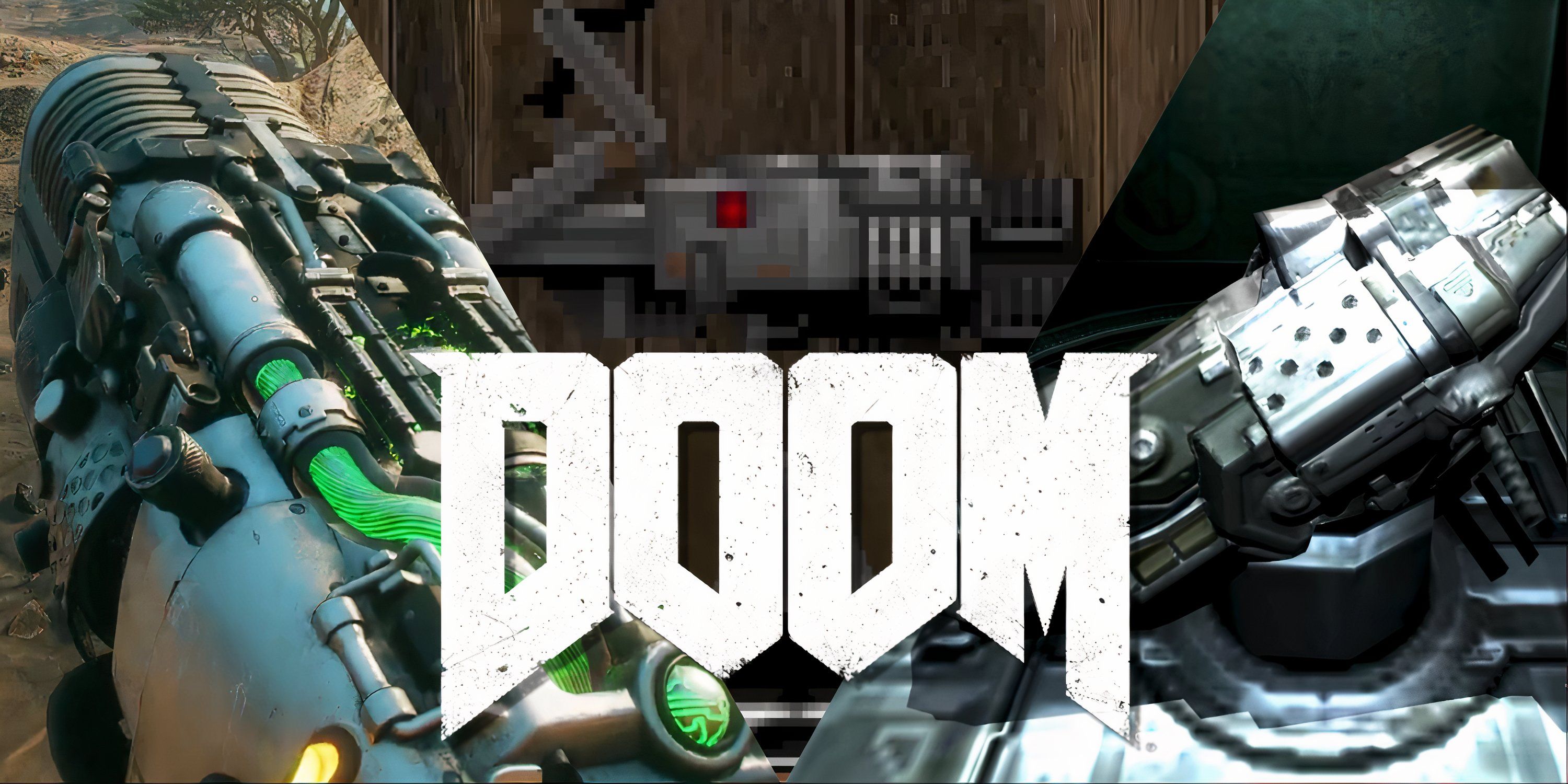 Split image of the BFG-9000 in Doom 3, Doom, and Rage 2