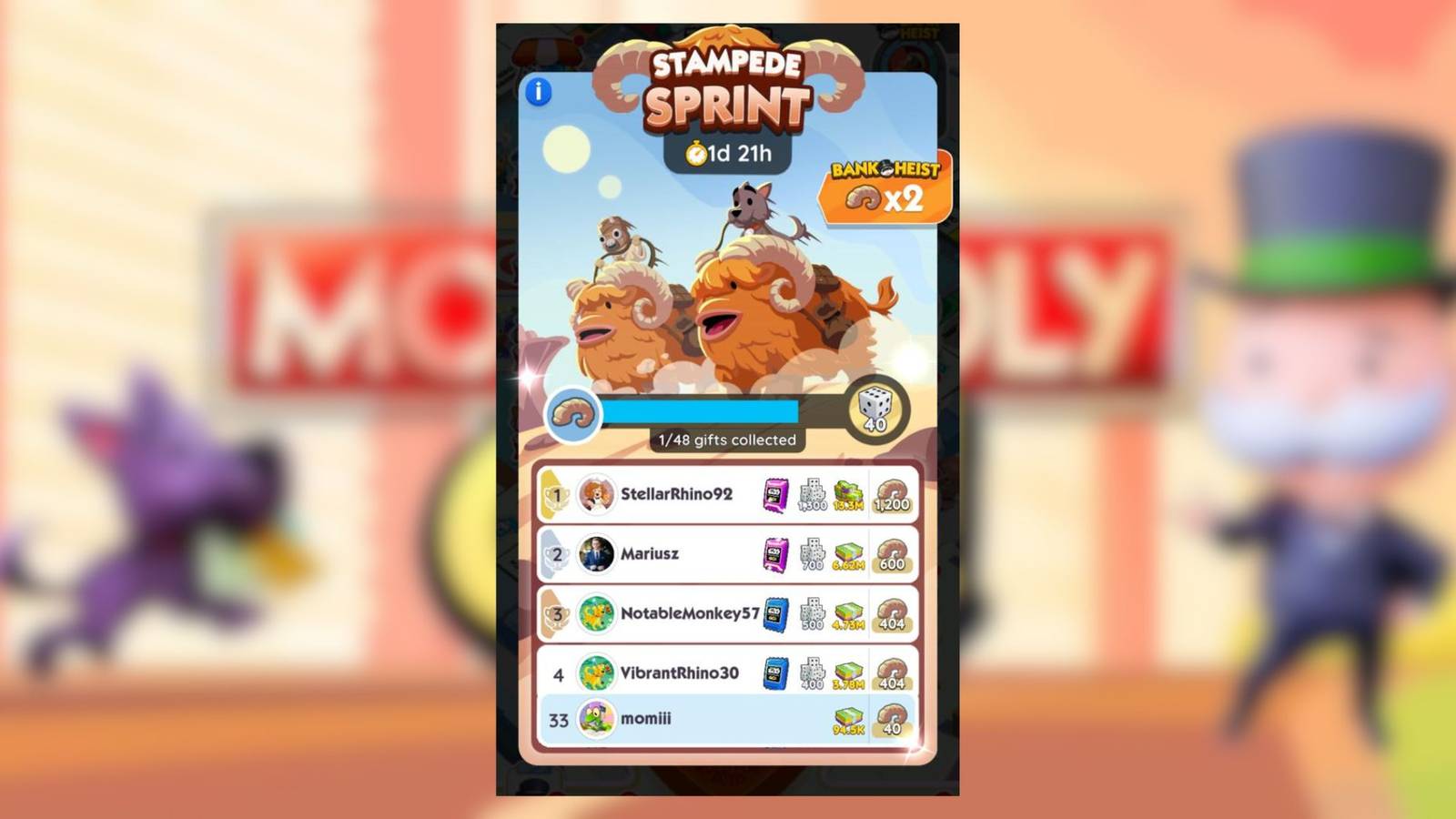 stampede sprint monopoly go