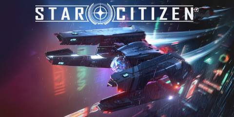 Star Citizen furutistic city ship artwork with white game logo