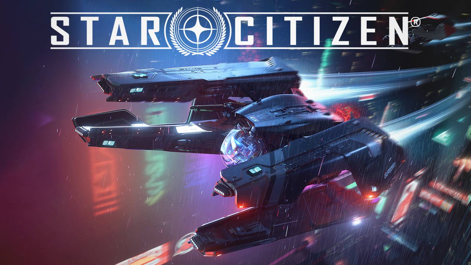 Star Citizen furutistic city ship artwork with white game logo