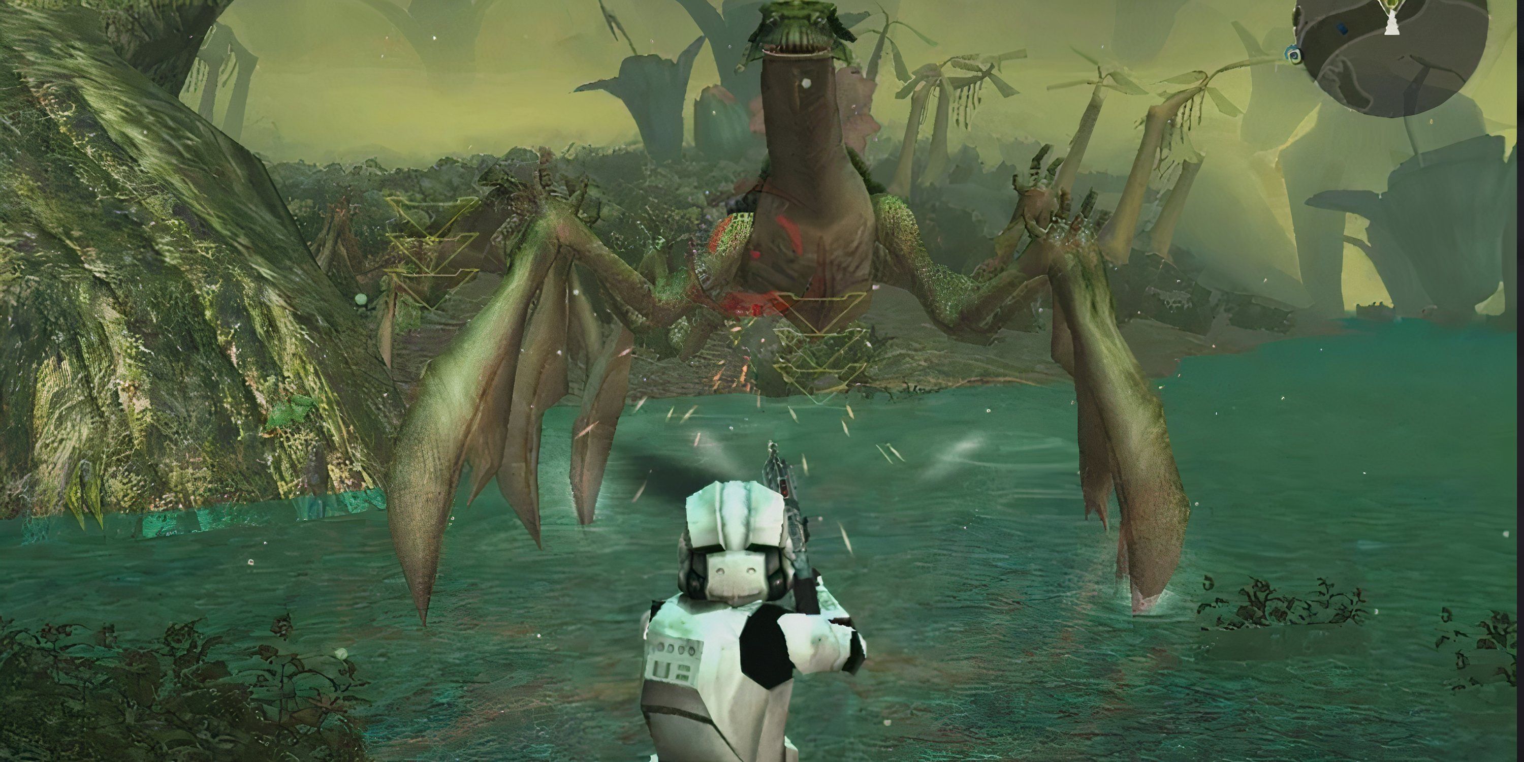 A clone trooper fighting an Acklay on Felucia in Star Wars Battlefront 2 (2005)