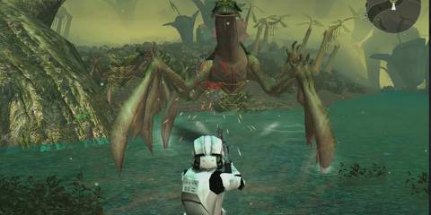A clone trooper fighting an Acklay on Felucia in Star Wars Battlefront 2 (2005)