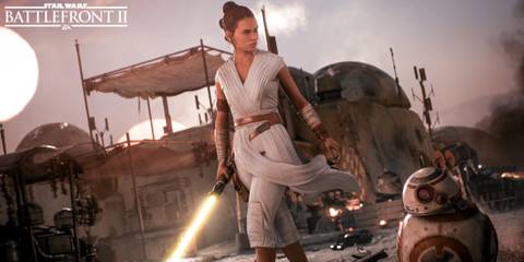 Star Wars Battlefront 2 Rey and BB on the battlefield.