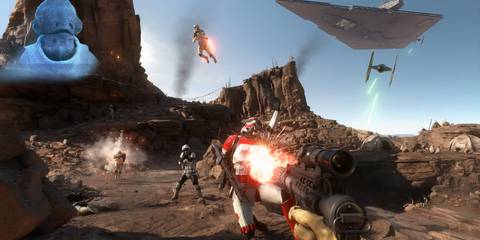 A rebel blasting Stormtroopers in Star Wars: Battlefront (2015)