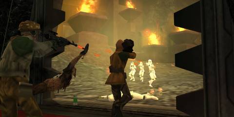 Rebels and stormtroopers battling in Star Wars Battlefront: Renegade Squadron