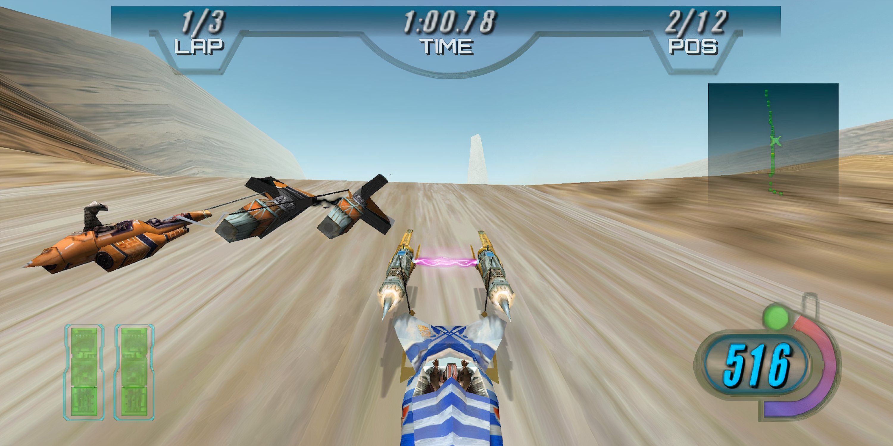Anakin Skywalker racing through Tatooine in Star Wars Episode 1: Racer
