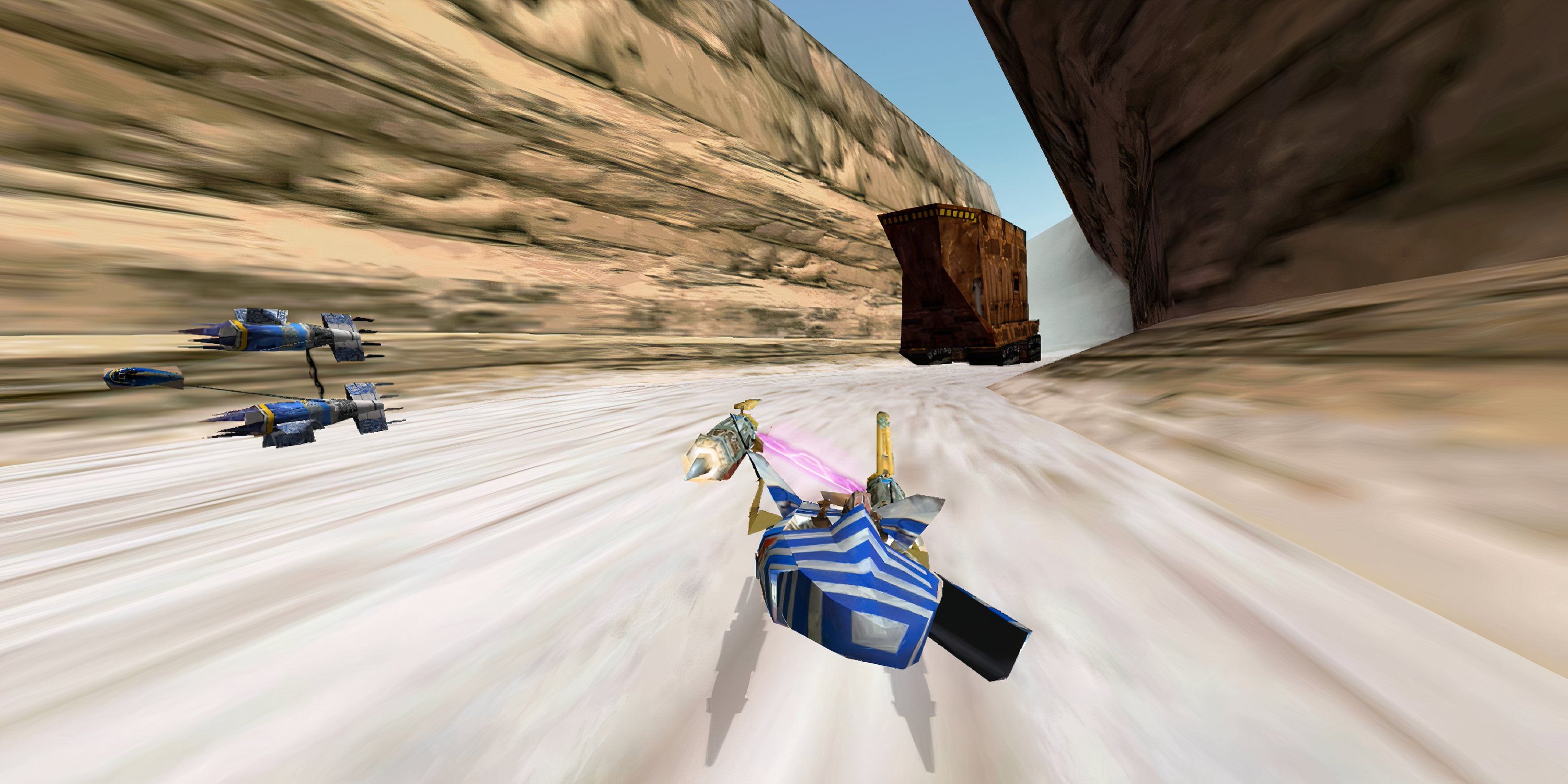 Anakin Skywalker approaching a Jawa sandcrawler in Star Wars Episode 1: Racer