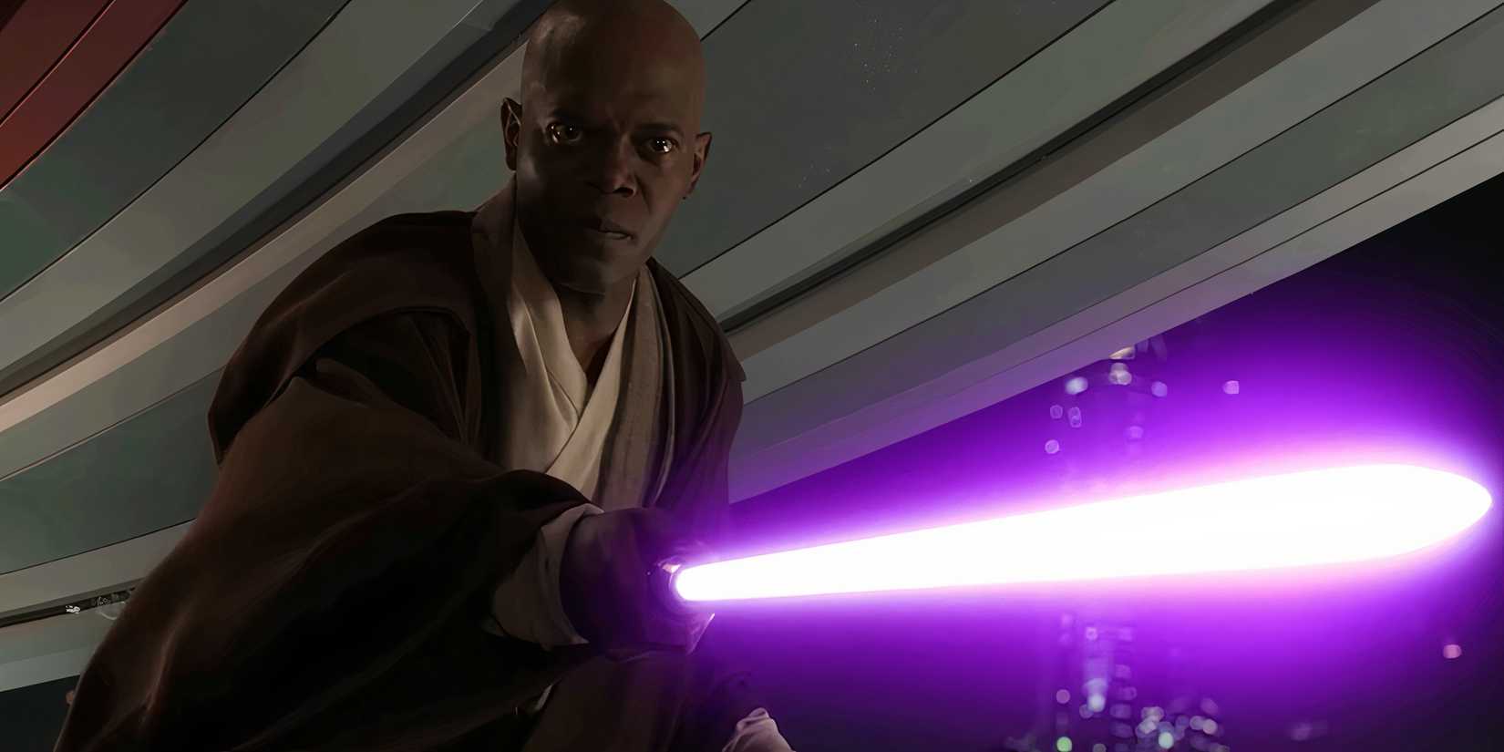 Mace Windu with his purple lightsaber in Star Wars Episode 3: Revenge Of The Sith