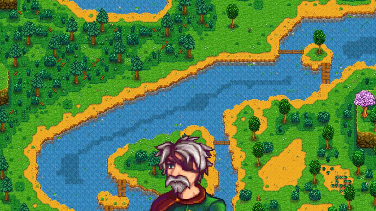 Marlon on a partial map of Cindersap Forest from Stardew Valley