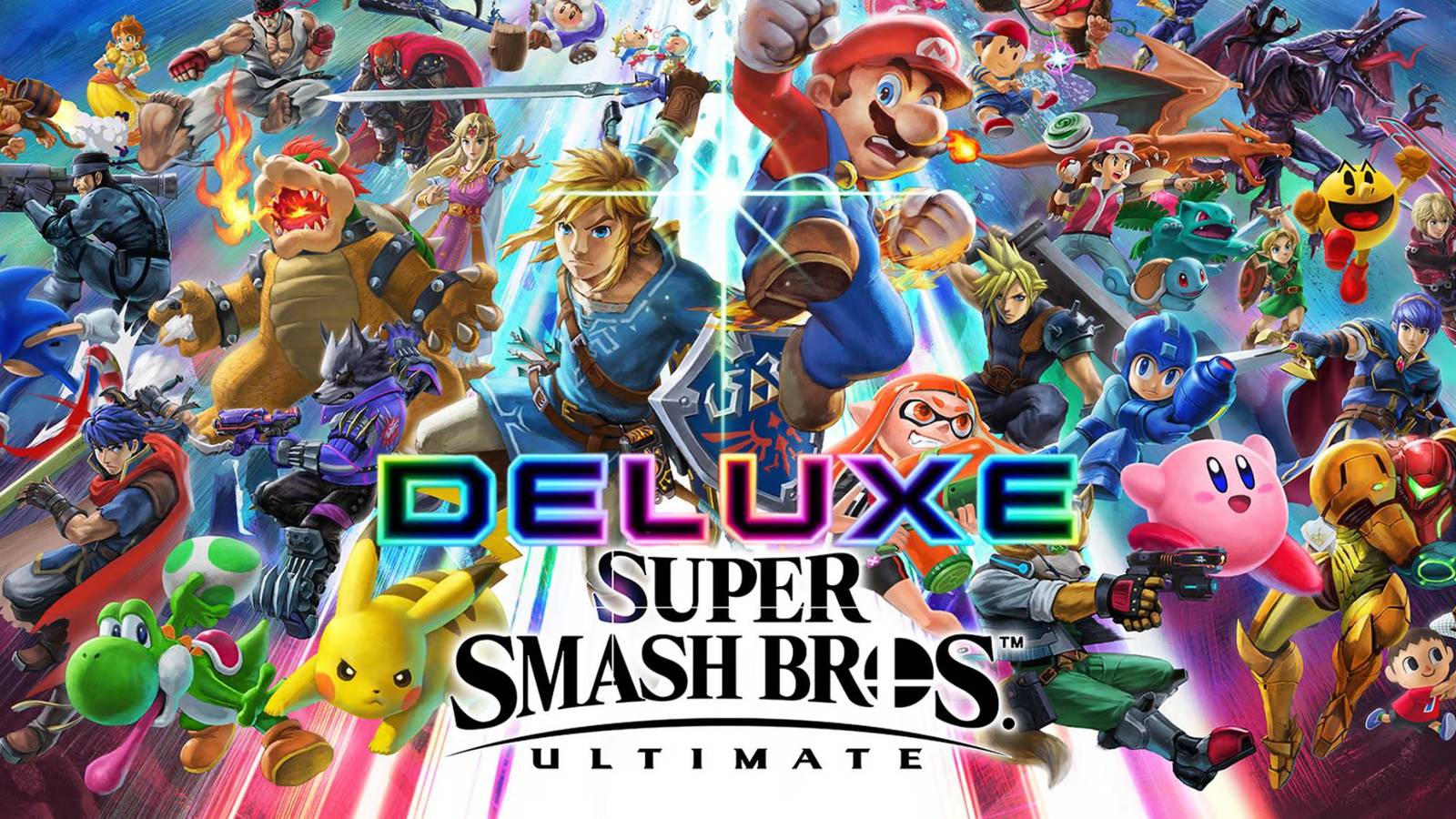 Super Smash Bros. Ultimate box art with Deluxe from Mario Kart 8 Deluxe's logo