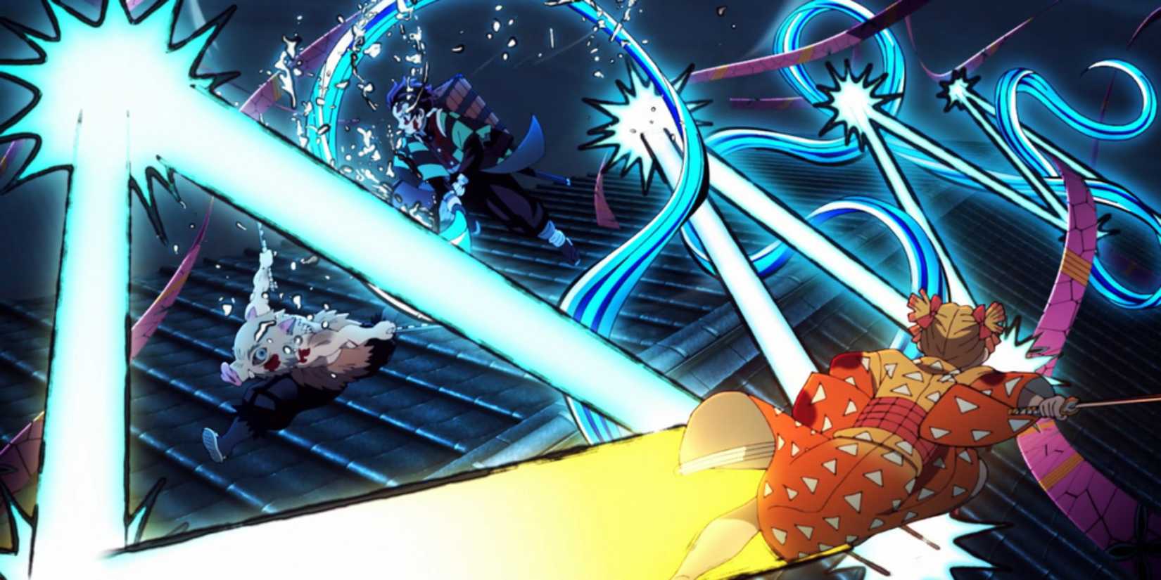 Tanjiro, Zenitsu and Inosuke fighting Daki together - Demon Slayer