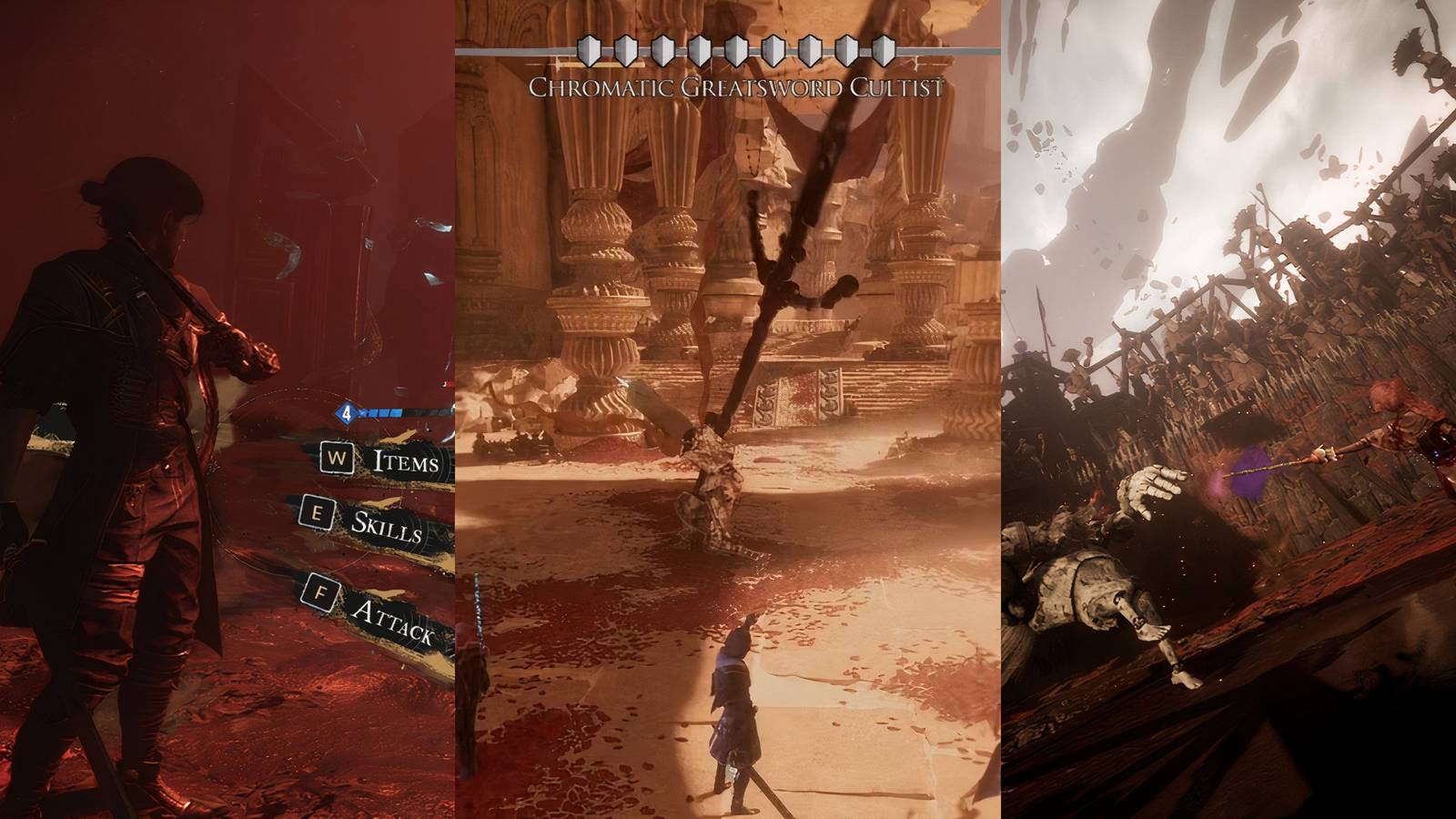 Gustave attacking on left, enemy with multiple shields in middle and maelle attacking gestral on right