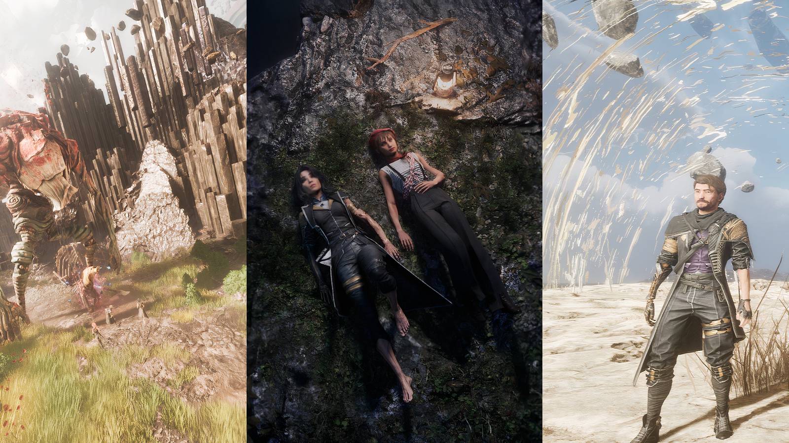 Expedition 33 fighting bourgeon on left, lune and sciel talking in camp in center and gustave entering the gestral beach on right