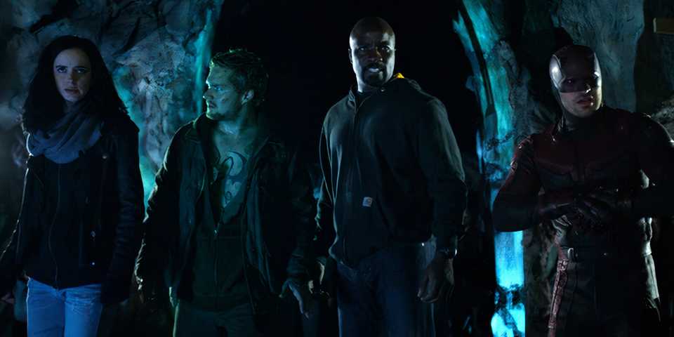 Jessica Jones, Iron Fist, Luke Cage, and Daredevil assembled as The Defenders