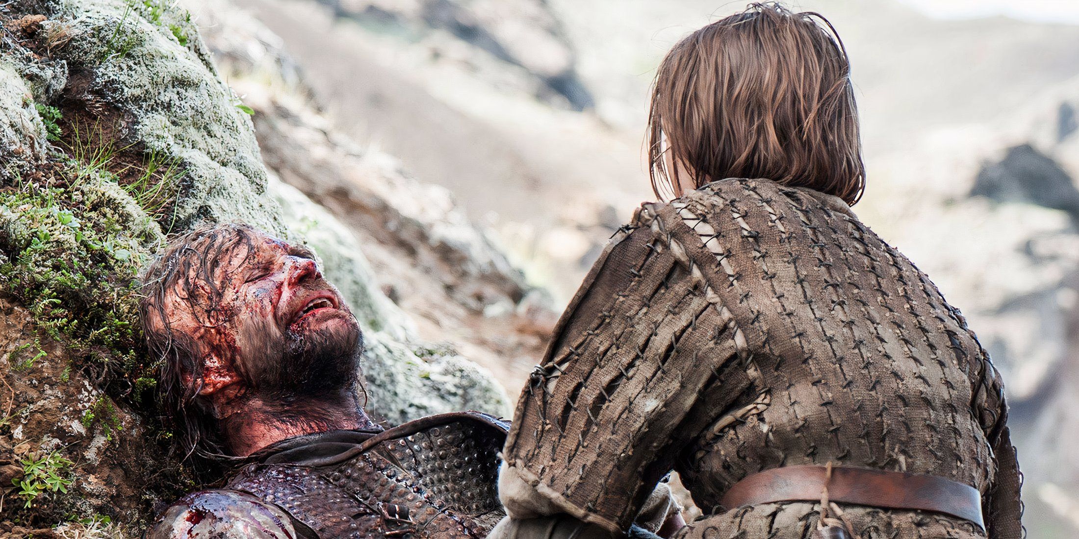 The Hound nearly dead while Arya looks over him in Game of Thrones