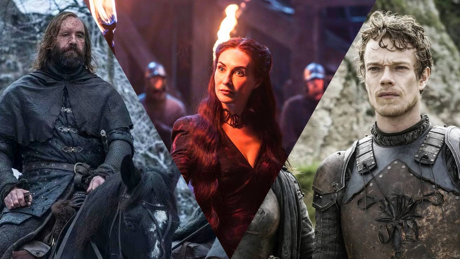 The Hound riding a horse, Melisandre holding a torch, and Theon Greyjoy from Game of Thrones