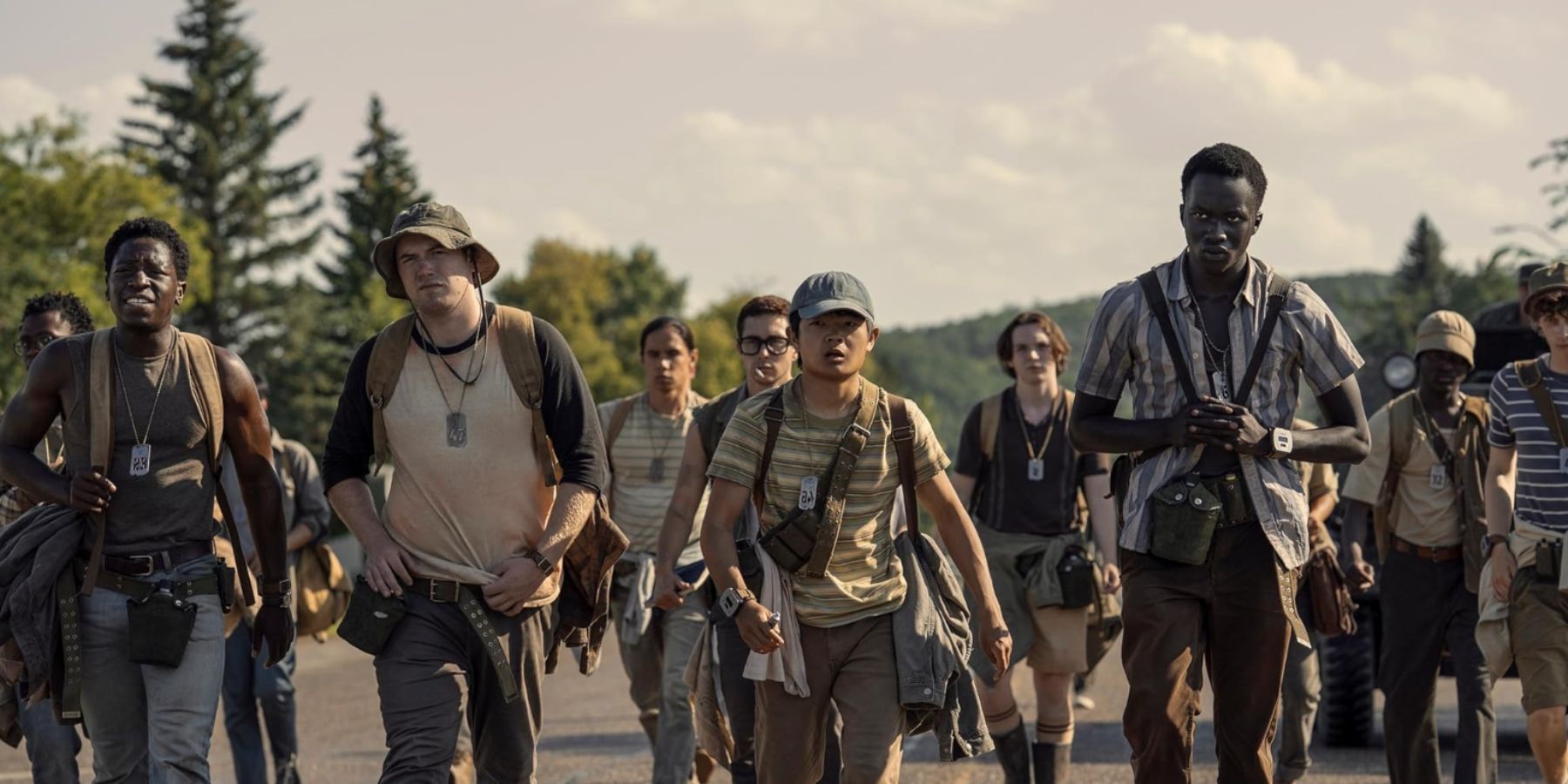 Cooper Hoffman, Ben Wang, Jordan Gonzalez, Tut Nyuot, and David Jonsson in The Long Walk 