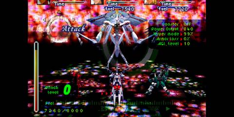 The party of three Gears faces Deus, the final boss, in a surreal digital arena in Xenogears