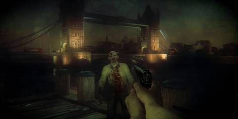 The player shoots at a zombie beneath tower bridge in ZOmbiU
