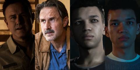 Split image of David Arquette and Justice Smith in The Quarry