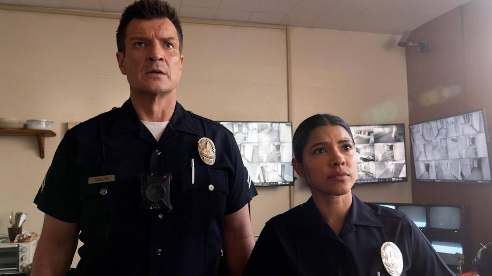 John Nolan (Nathan Fillion) and Celina Juarez (Lisseth Chavez) on The Rookie