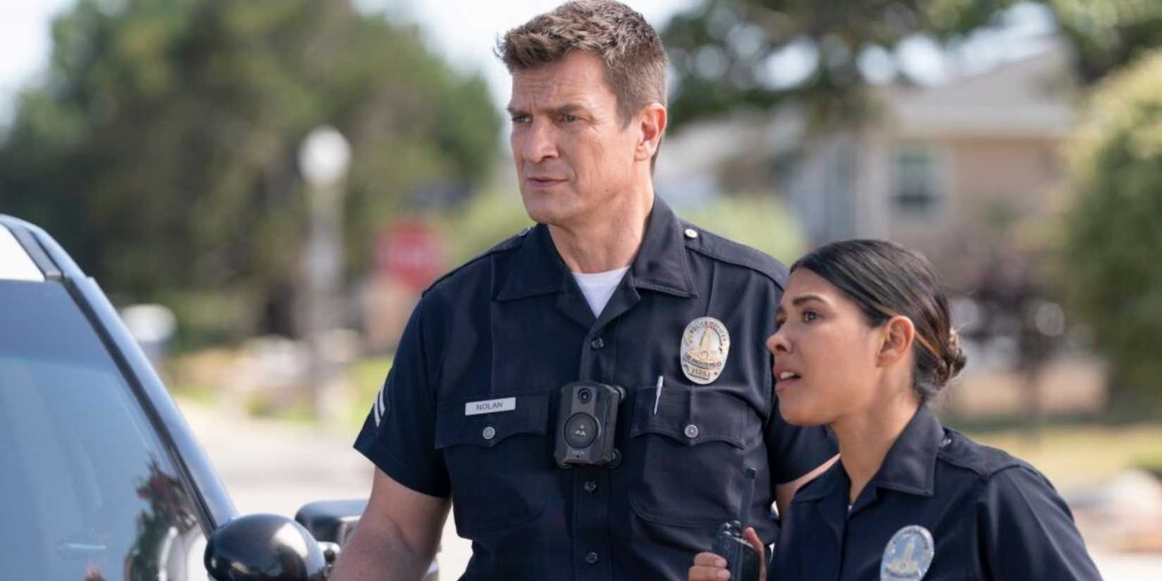John Nolan (Nathan Fillion) and Celina Juarez (Lisseth Chavez) on The Rookie