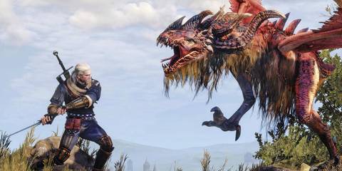 Geralt of Rivia fighting a Wyvern in The Witcher 3: Wild Hunt