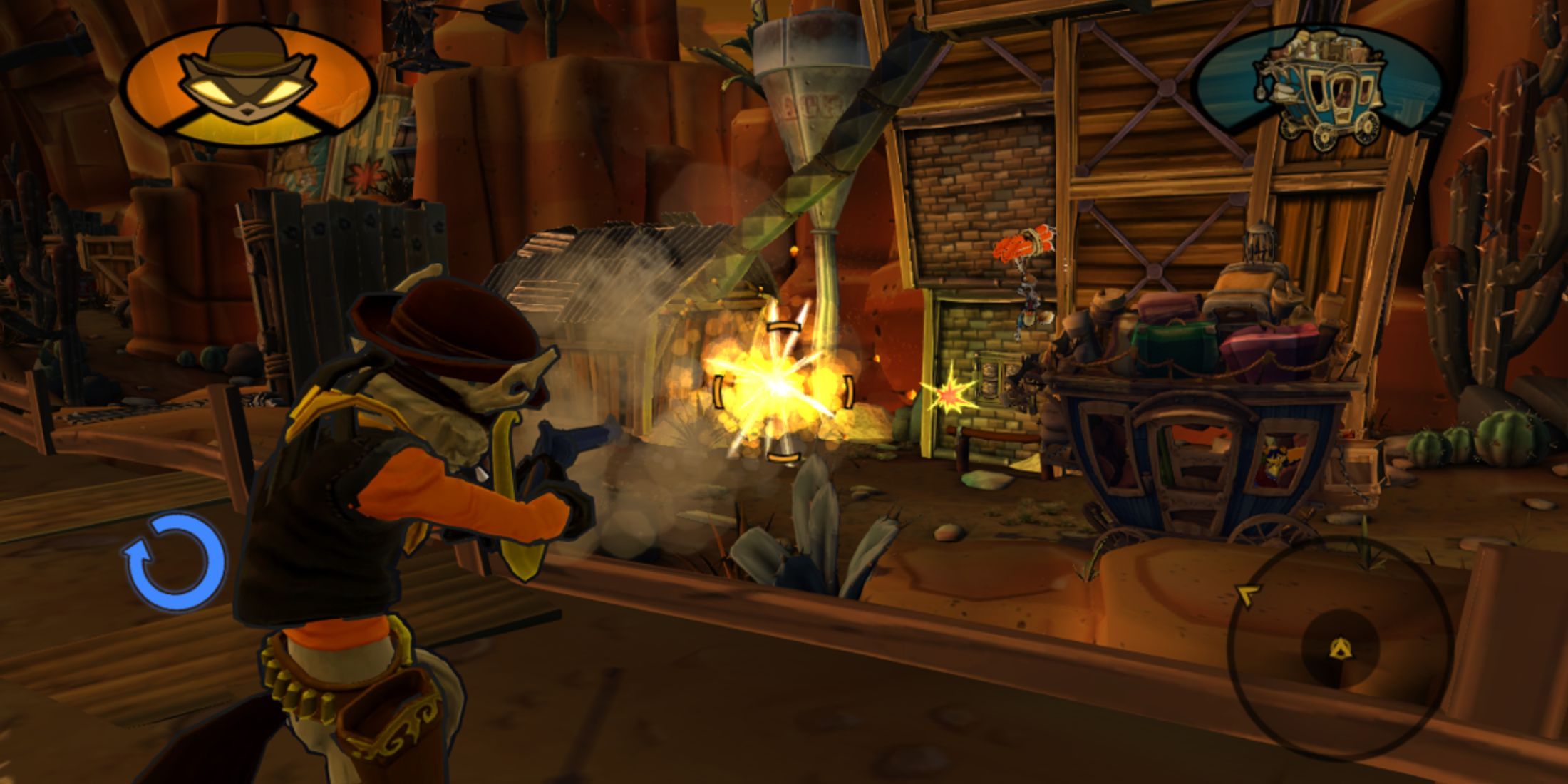 Third-person shooter gameplay with Tennessee Kid Cooper - Sly Cooper Thieves In Time