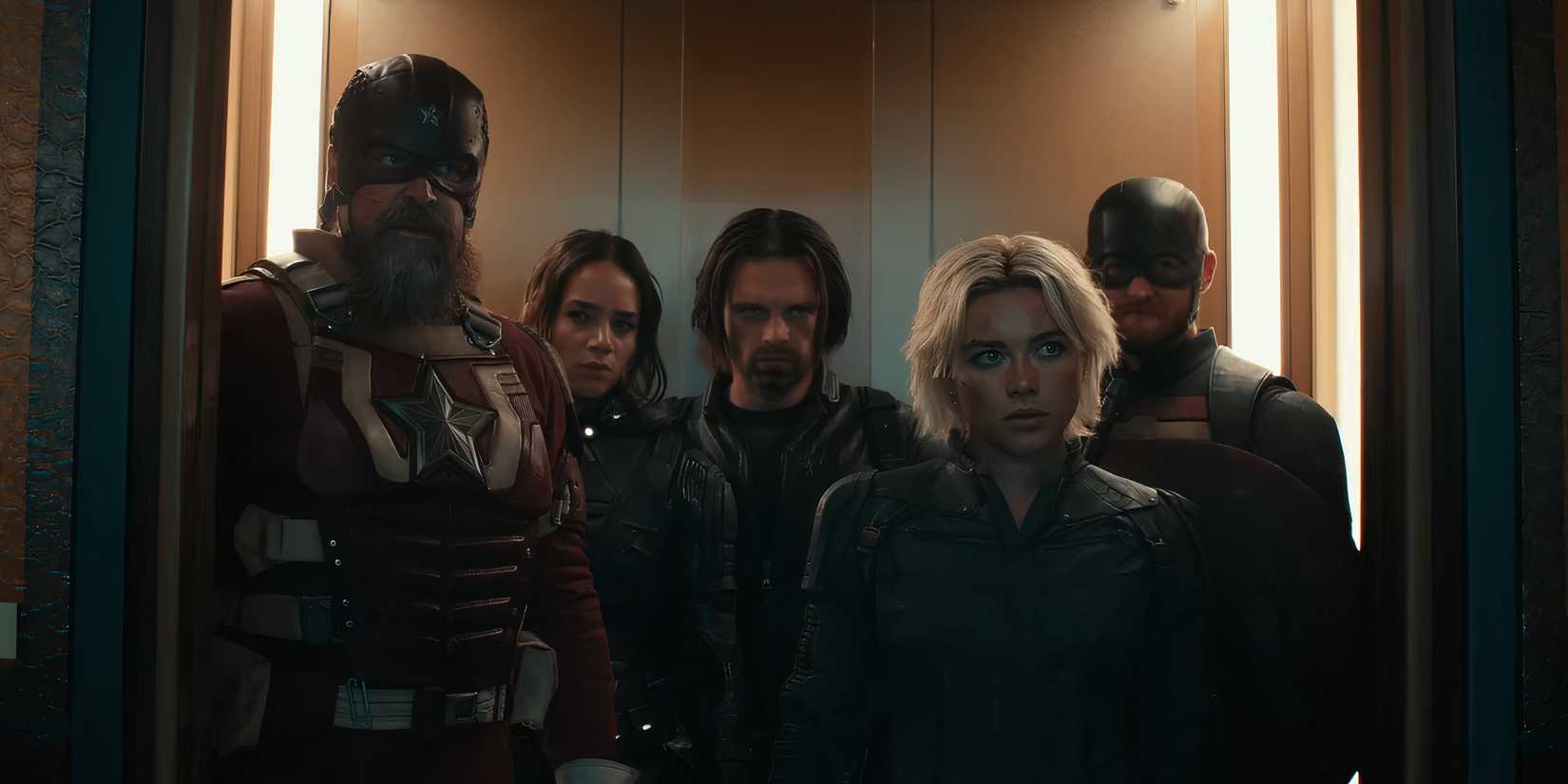 The team on an elevator in Avengers Tower in Thunderbolts*