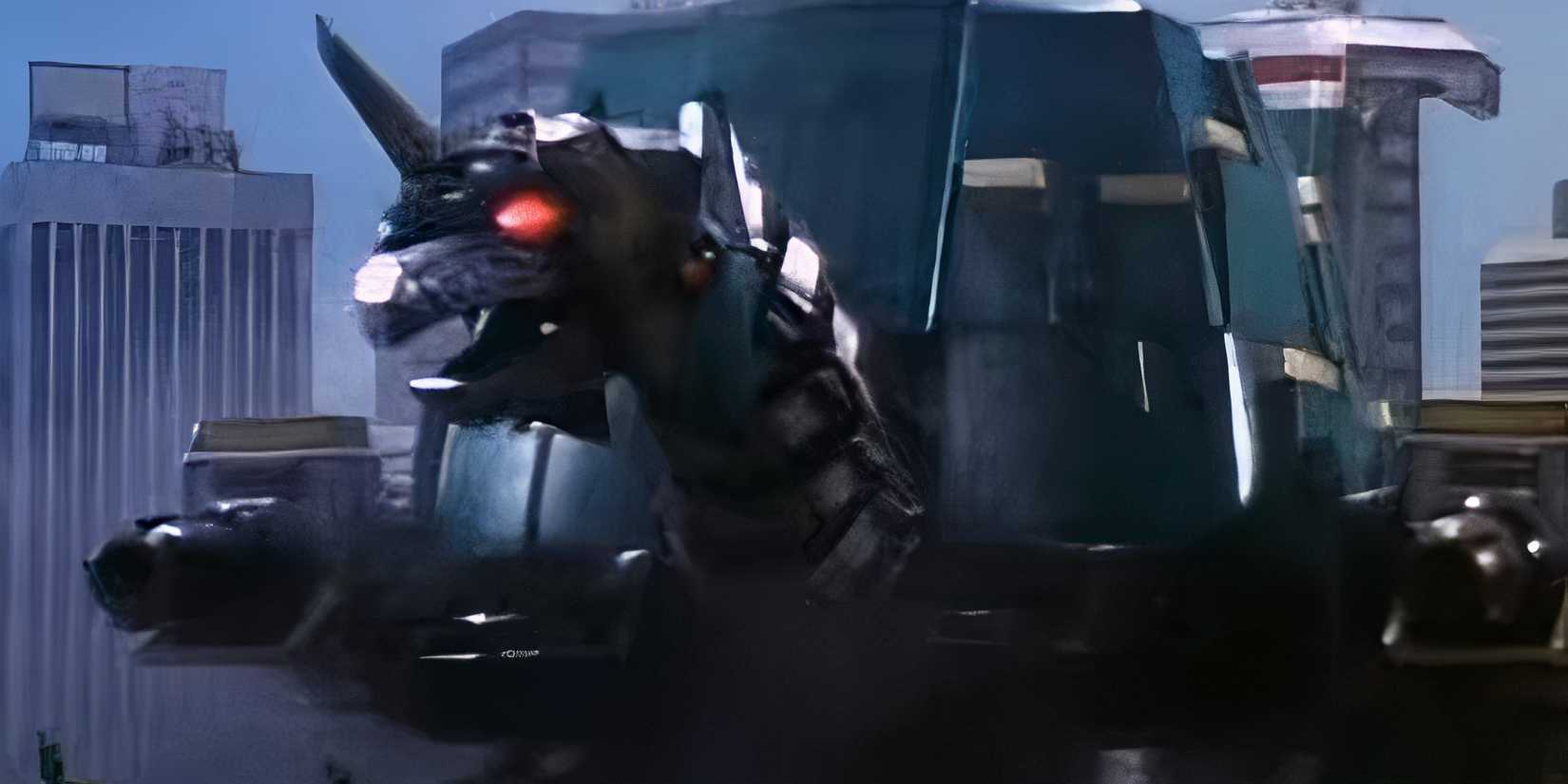 close up of Tor The Shuttlezord in turtle carrierzord form entering the scene of Angel Grove, California cityscape