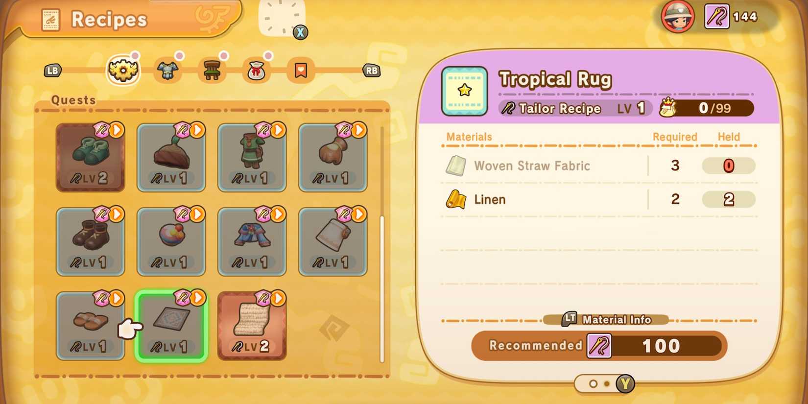 Tropical Rug crafting recipe in Fantasy Life i: The Girl Who Steals Time