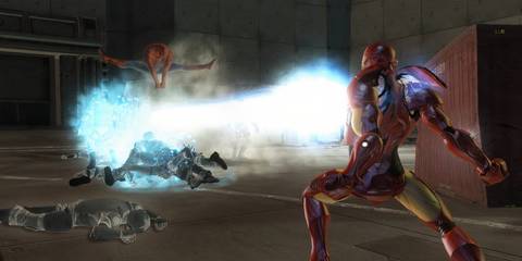 Iron Man and Spider-Man performing a Fusion attack in Marvel Ultimate Alliance 2