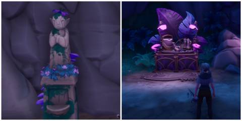 Split image of an Umbraan Shrine and Tamala's Potion Shop in Palia