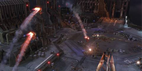 Three Space Marines using their jet packs in Warhammer 40k: Dawn of War 2