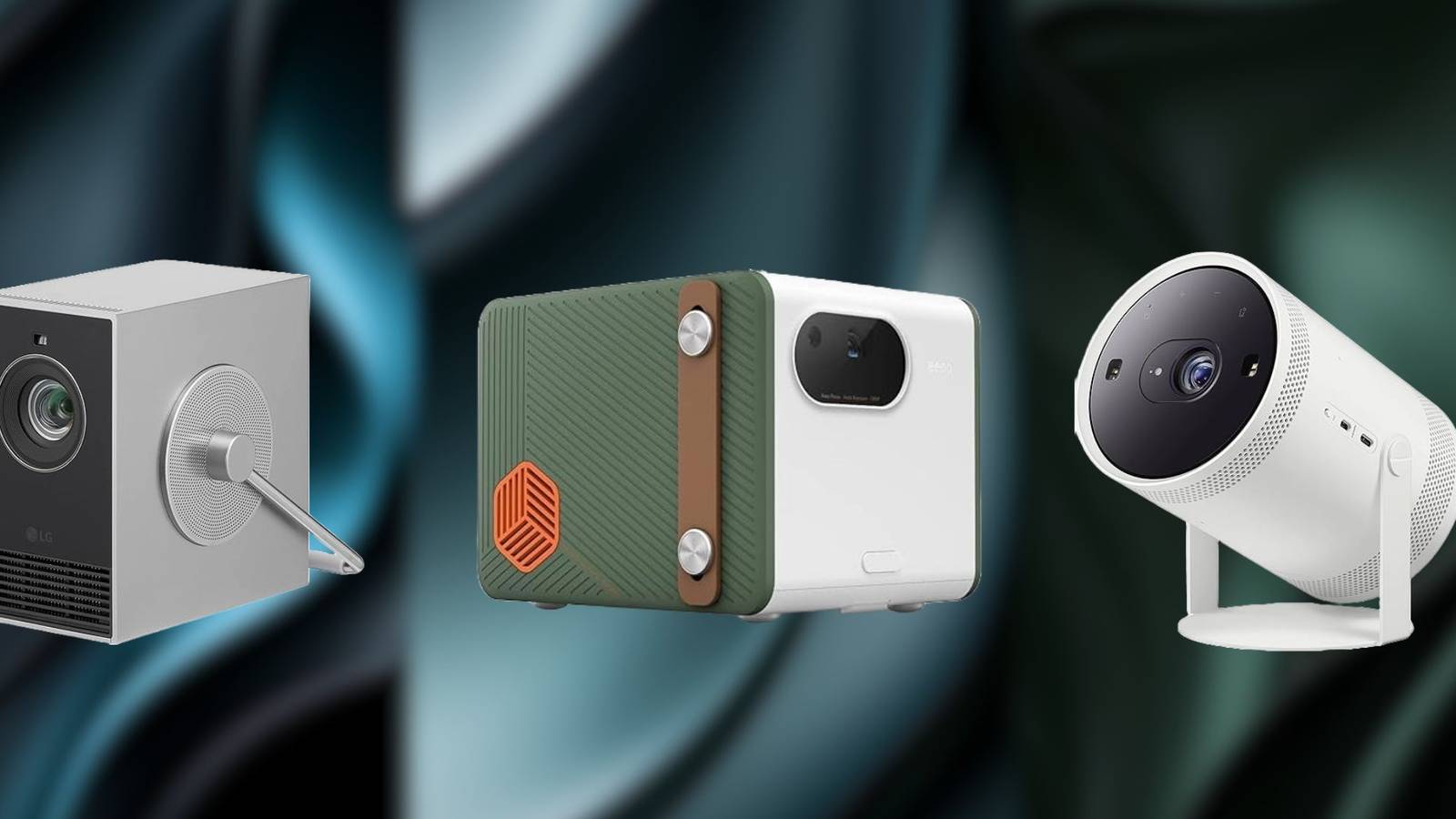 Image of three portable projectors on a tall, gridlike background.