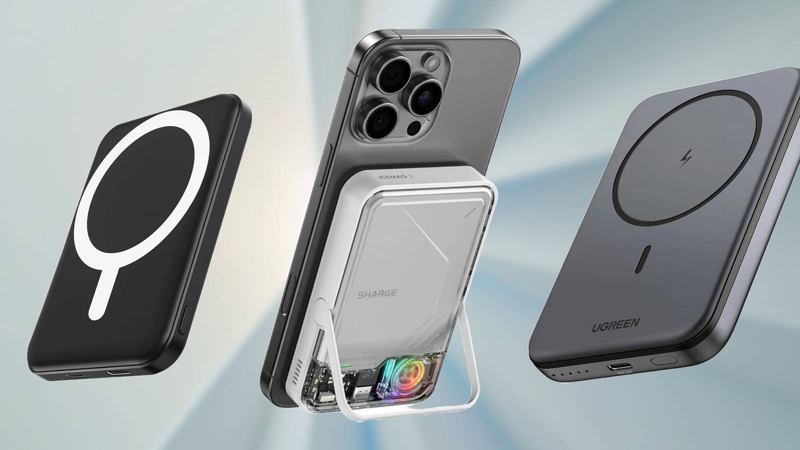 Image of three power banks on a white/blue background.