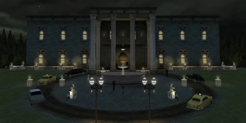 The exterior of a large mansion at night in Vampire the Masquerade Bloodlines