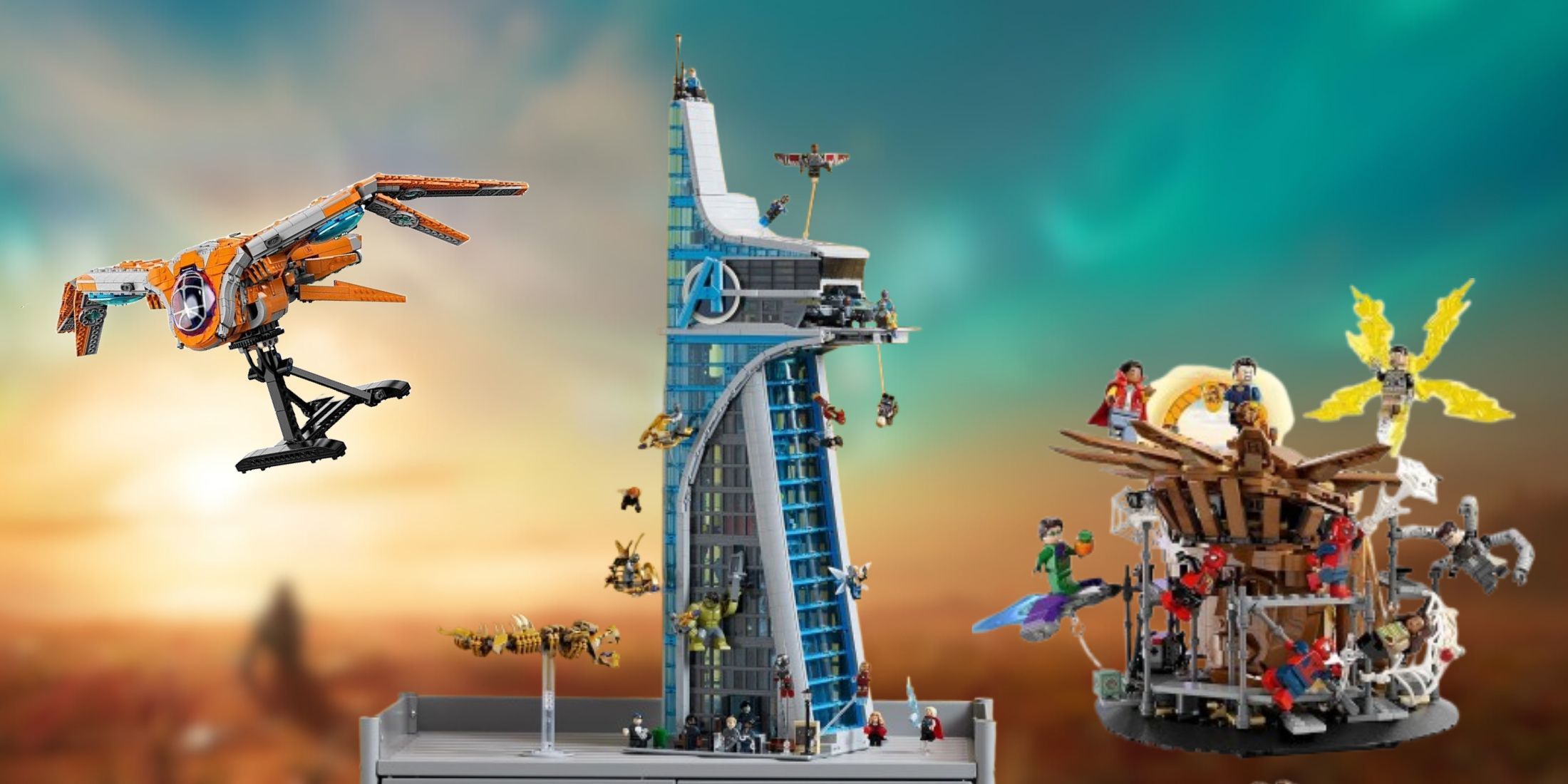 Bild einiger Lego -Sätze auf einem MCU -Hintergrund.