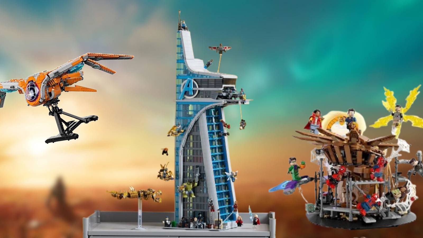 Image of a few lego sets on an MCU background.