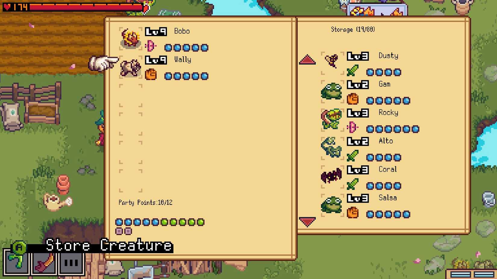 The party management menu in Creature Keeper