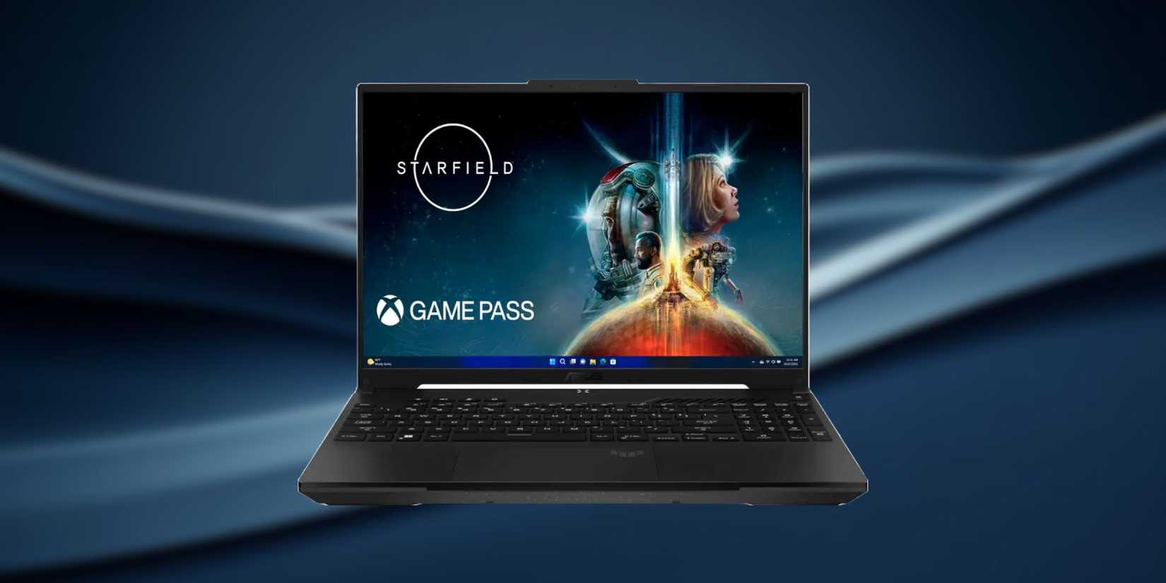 Image ofASUS TUF A16 on a blue background.