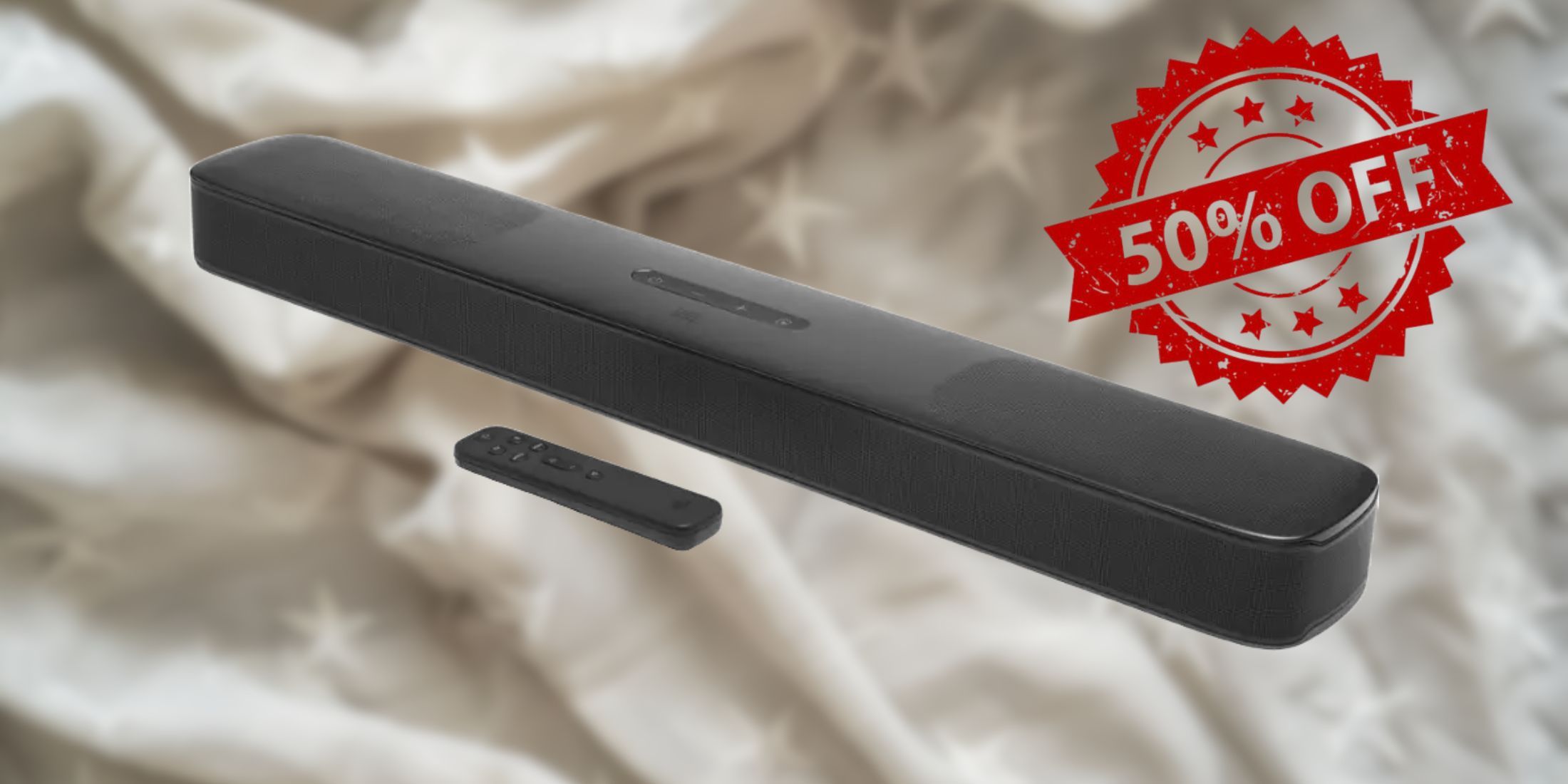 Bild einer JBL -Soundbar auf einem weißen Hintergrund mit 50% Rabatt -Tag.