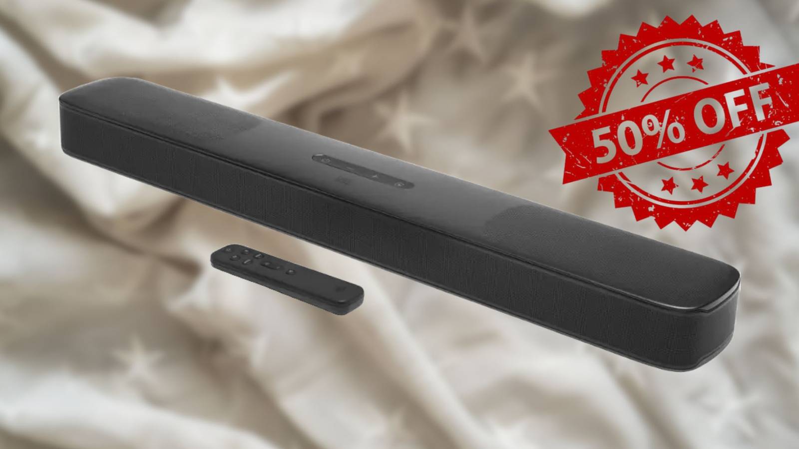 Image of a JBL soundbar on a white background with a 50% off tag.