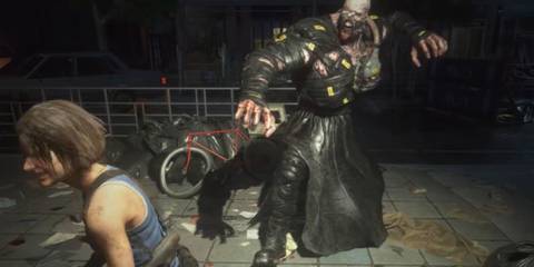 Jill being chased and attacked by Nemesis in Resident Evil 3