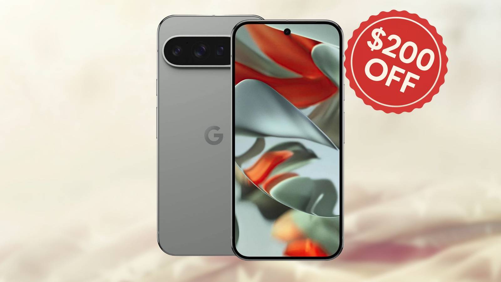 Image of a Pixel 9 Pro XL with a 200 off tag on a white background with some stars.