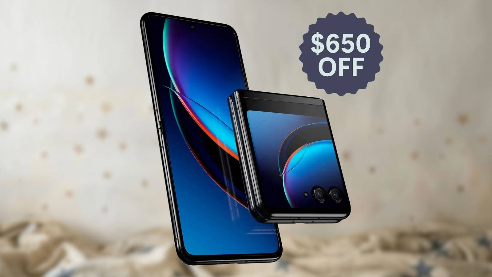 Image of the motorola razr+ on a white background with a tag that says $650 off.