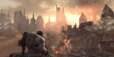 Marcus Fenix looking out at a burning city in Gears of War 2
