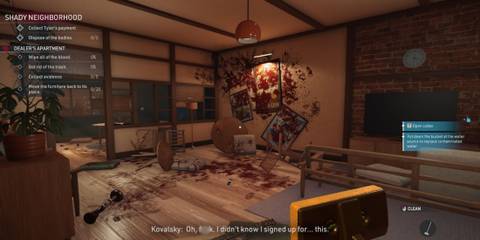 A cluttered and bloody room in Crime Scene Cleaner