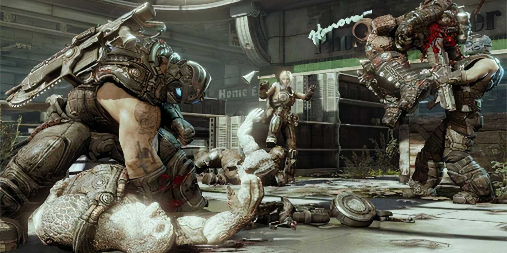 Several players carrying out execution animations in Gears of War 3